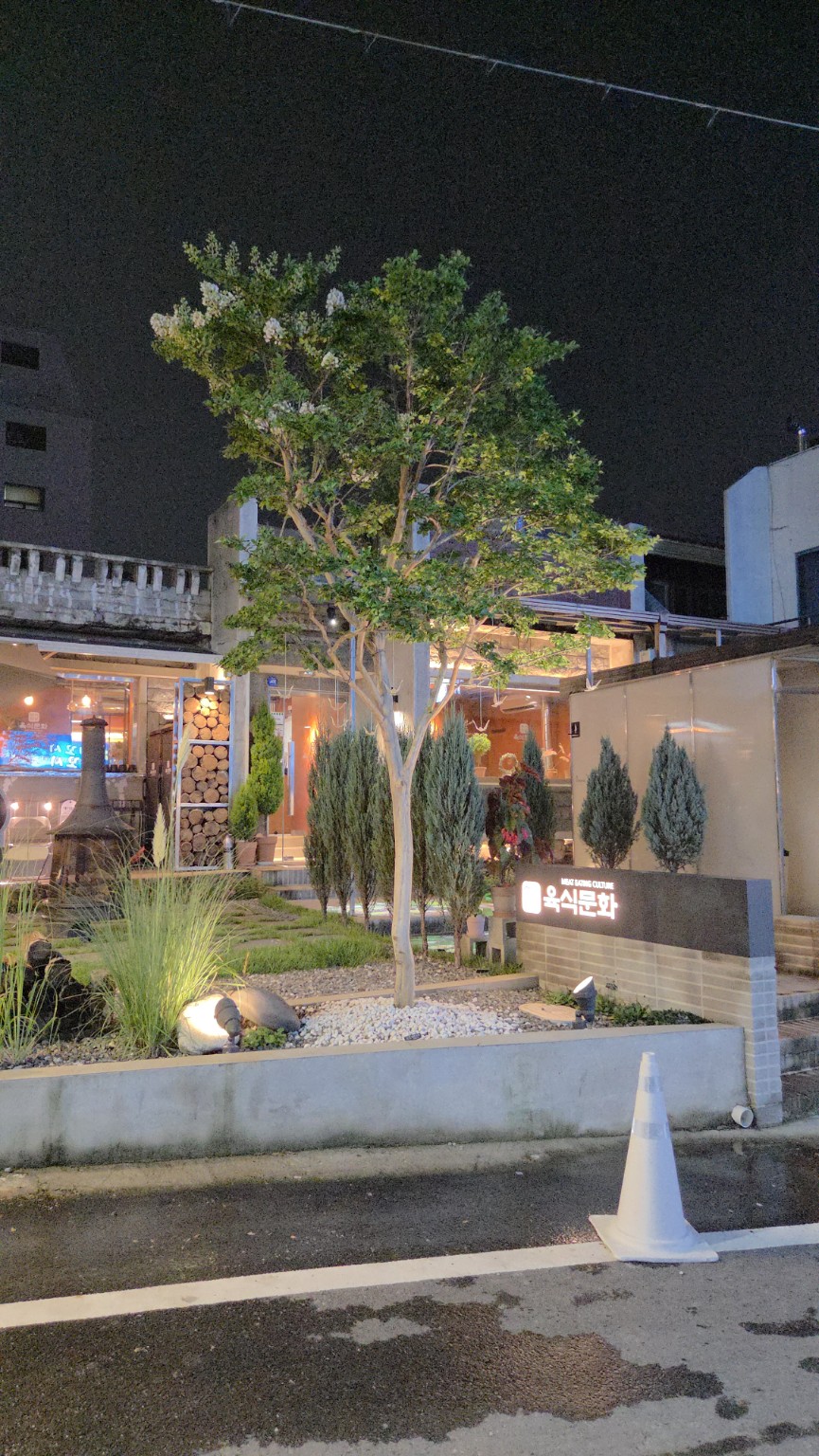 밤에 조명이 켜진 육식문화의 마당과 입구